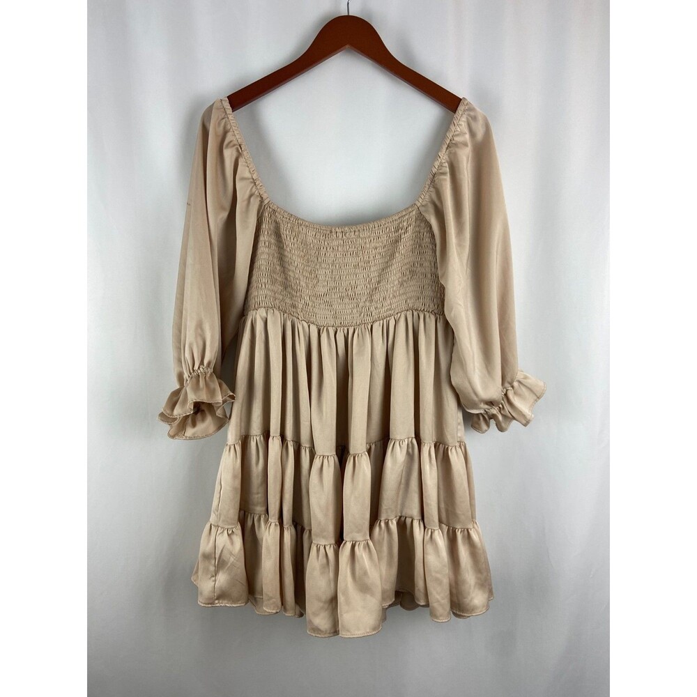 Mable Size M Babydoll Beige Cream Smocked Ruffle Mini Dress Stretch Party STAINS - Picture 3 of 12